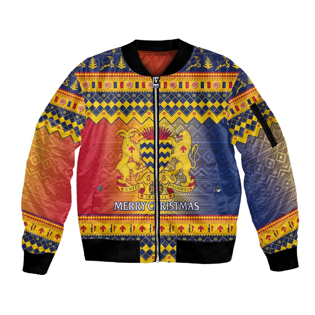 Afro Chad Christmas Sleeve Zip Bomber Jacket Coat Of Arms With African Pattern