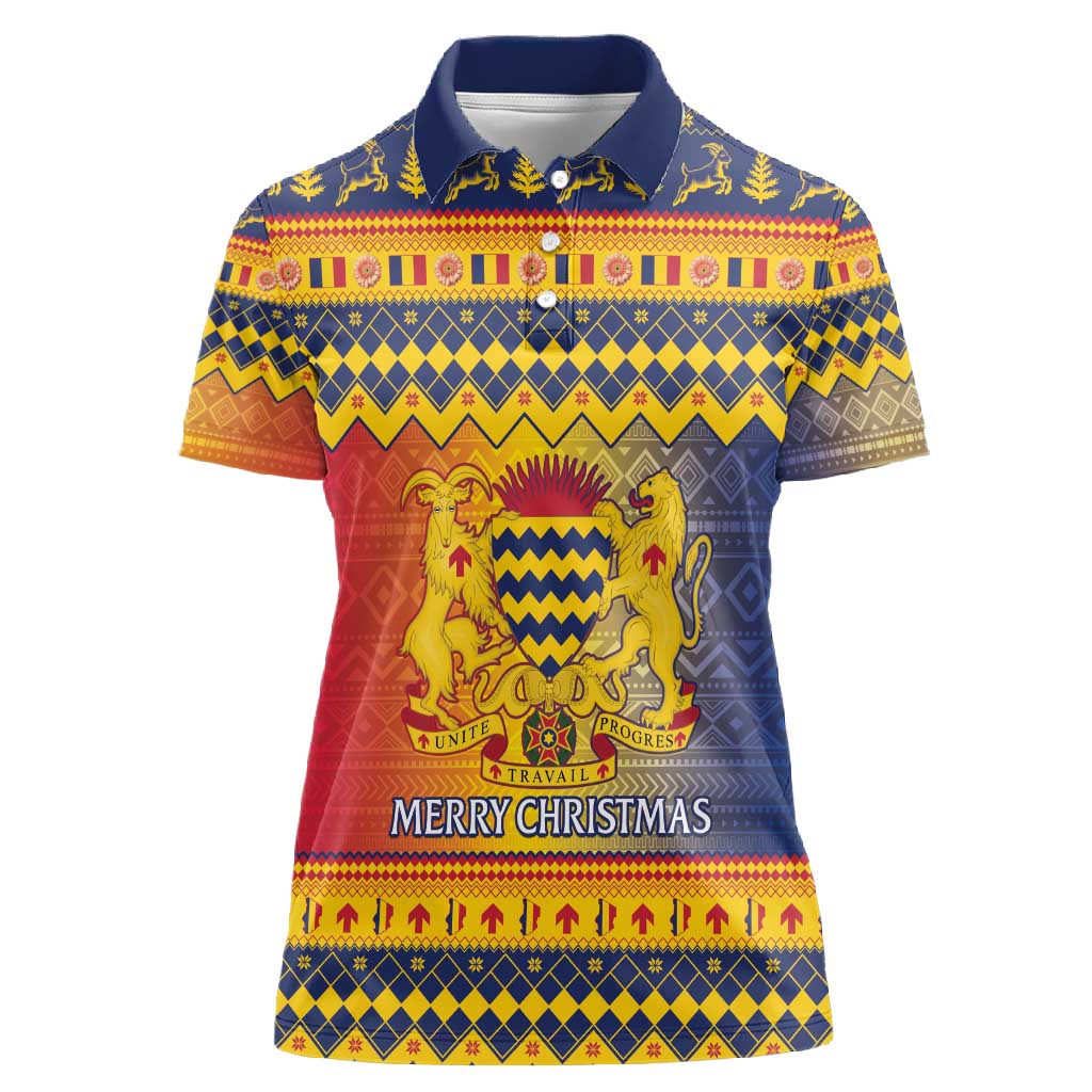 Afro Chad Christmas Women Polo Shirt Coat Of Arms With African Pattern