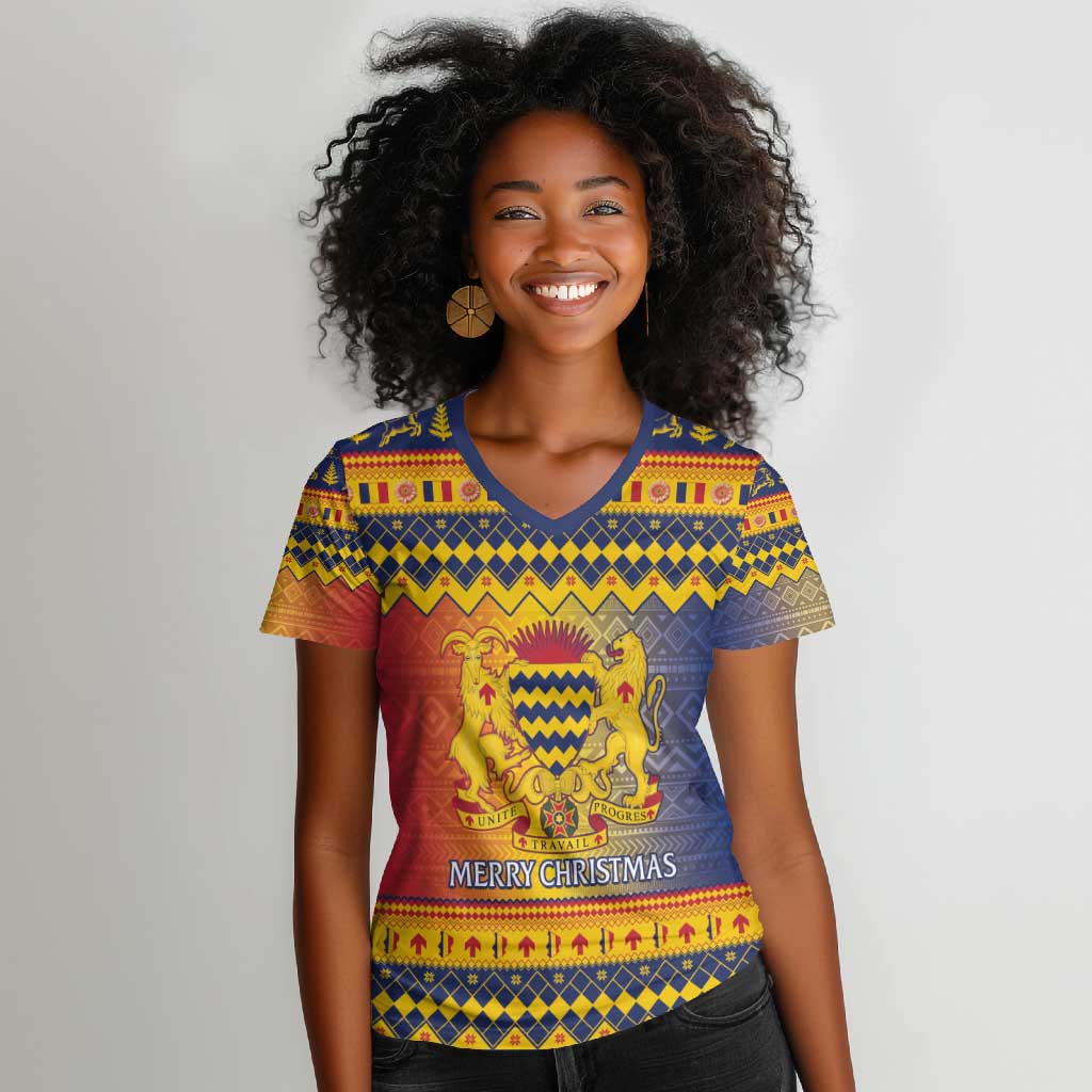 Afro Chad Christmas Women V-Neck T-Shirt Coat Of Arms With African Pattern