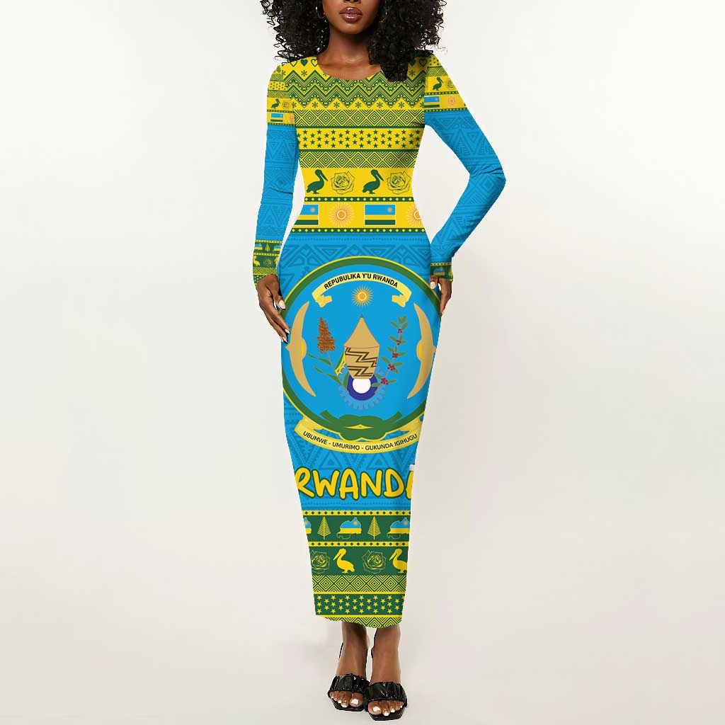 Afro Rwanda Christmas Long Sleeve Bodycon Dress Noheli Nziza Coat Of Arms - African Pattern