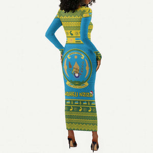 Afro Rwanda Christmas Long Sleeve Bodycon Dress Noheli Nziza Coat Of Arms - African Pattern