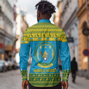 Afro Rwanda Christmas Long Sleeve Button Shirt Noheli Nziza Coat Of Arms - African Pattern