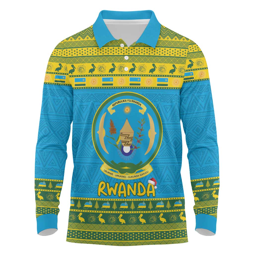 Afro Rwanda Christmas Long Sleeve Polo Shirt Noheli Nziza Coat Of Arms - African Pattern