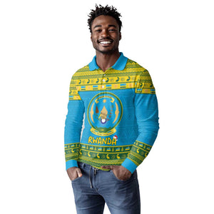 Afro Rwanda Christmas Long Sleeve Polo Shirt Noheli Nziza Coat Of Arms - African Pattern