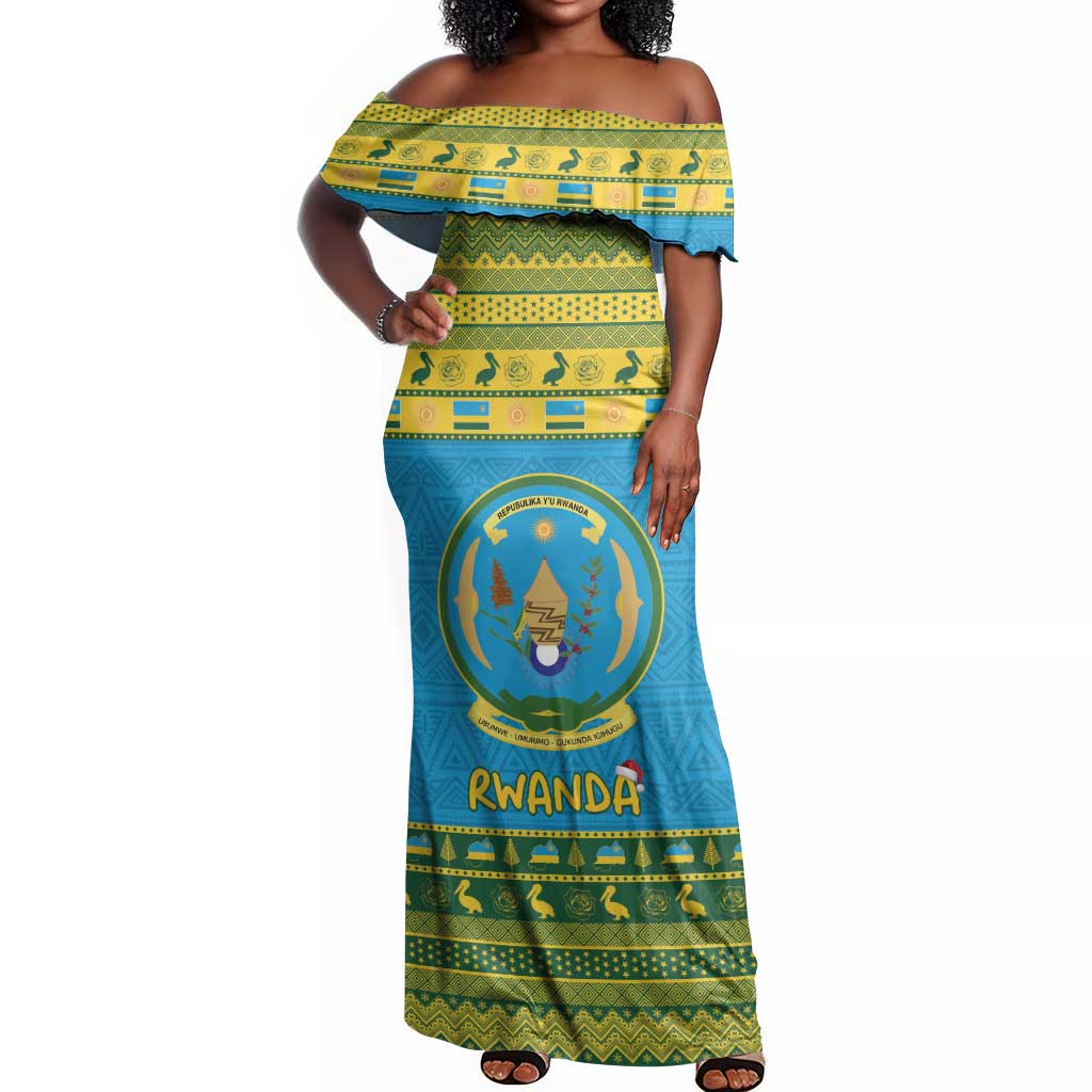 Afro Rwanda Christmas Off Shoulder Maxi Dress Noheli Nziza Coat Of Arms - African Pattern