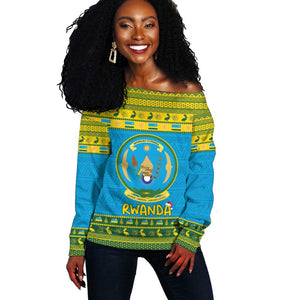 Afro Rwanda Christmas Off Shoulder Sweater Noheli Nziza Coat Of Arms - African Pattern