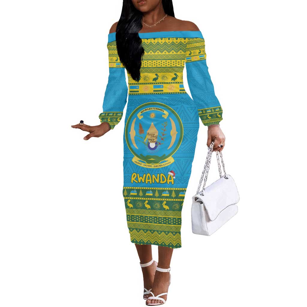 Afro Rwanda Christmas Off The Shoulder Long Sleeve Dress Noheli Nziza Coat Of Arms - African Pattern