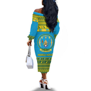 Afro Rwanda Christmas Off The Shoulder Long Sleeve Dress Noheli Nziza Coat Of Arms - African Pattern