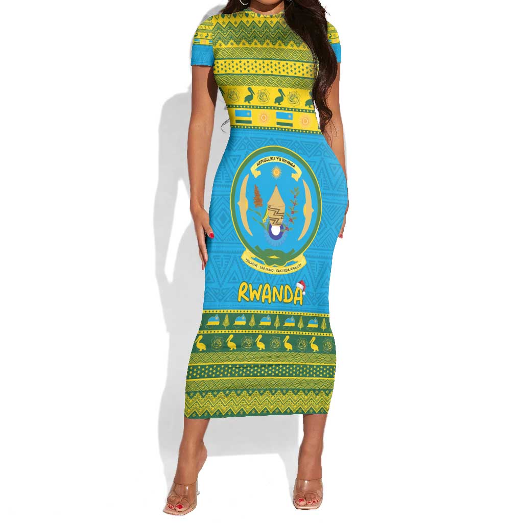 Afro Rwanda Christmas Short Sleeve Bodycon Dress Noheli Nziza Coat Of Arms - African Pattern