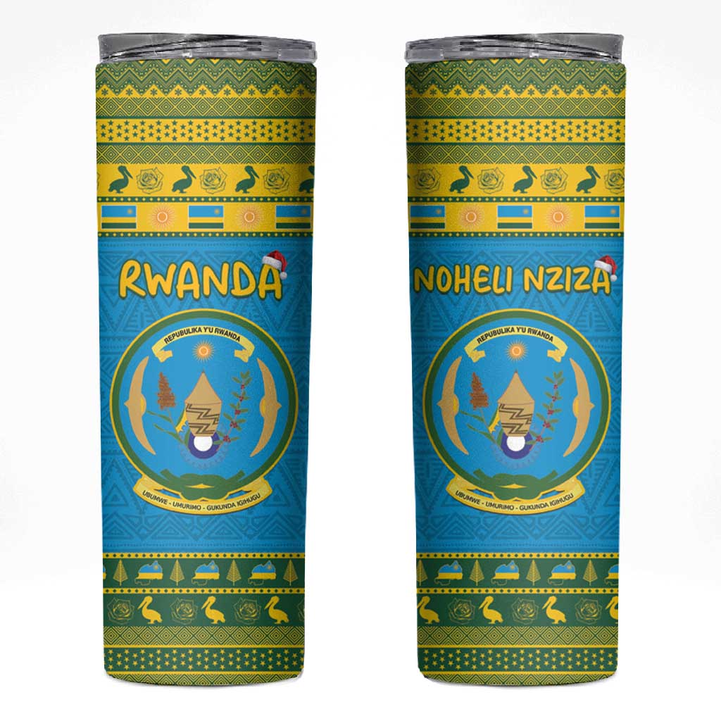 Afro Rwanda Christmas Skinny Tumbler Noheli Nziza Coat Of Arms - African Pattern