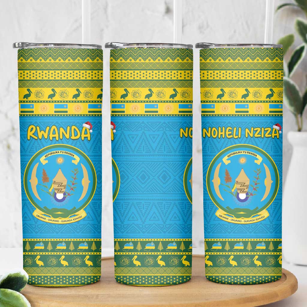 Afro Rwanda Christmas Skinny Tumbler Noheli Nziza Coat Of Arms - African Pattern