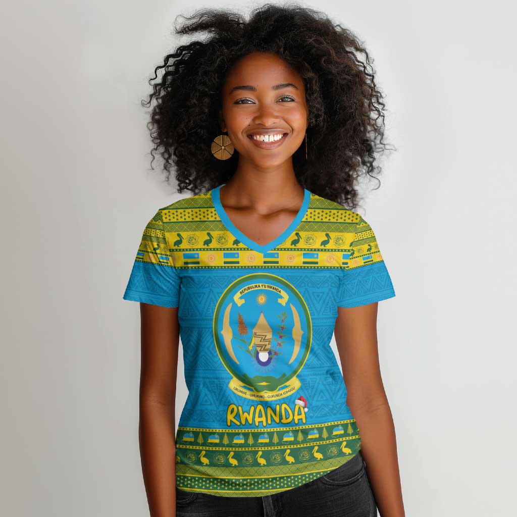 Afro Rwanda Christmas Women V-Neck T-Shirt Noheli Nziza Coat Of Arms - African Pattern