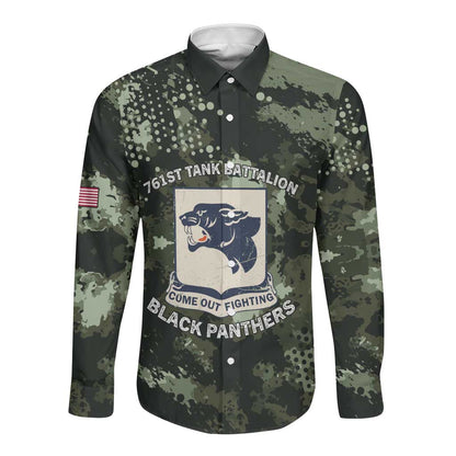 761st Tank Battalion Black Panthers Long Sleeve Button Shirt WWII Military Camouflage - African Pride