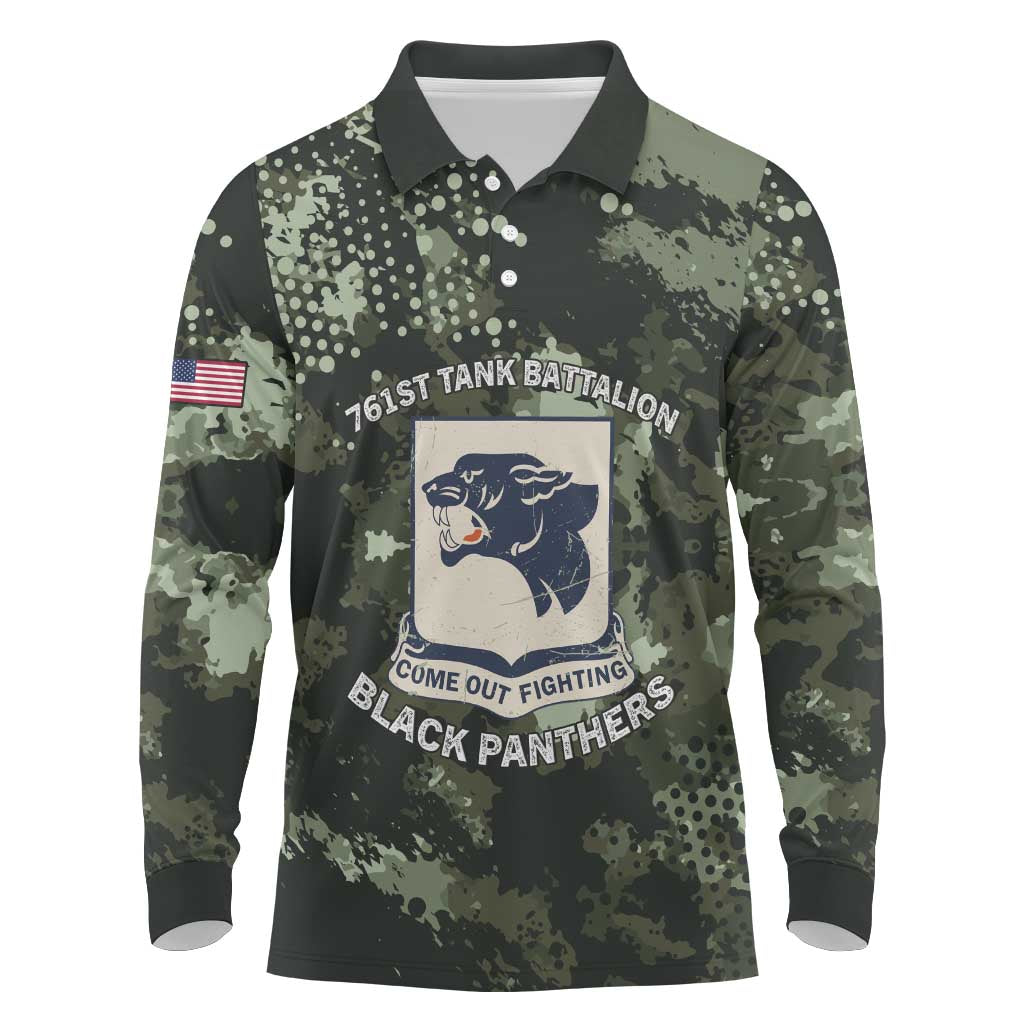 761st Tank Battalion Black Panthers Long Sleeve Polo Shirt WWII Military Camouflage - African Pride