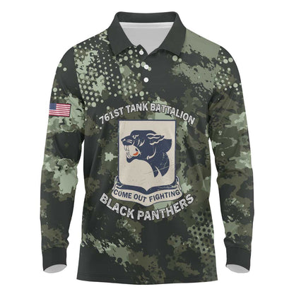 761st Tank Battalion Black Panthers Long Sleeve Polo Shirt WWII Military Camouflage - African Pride
