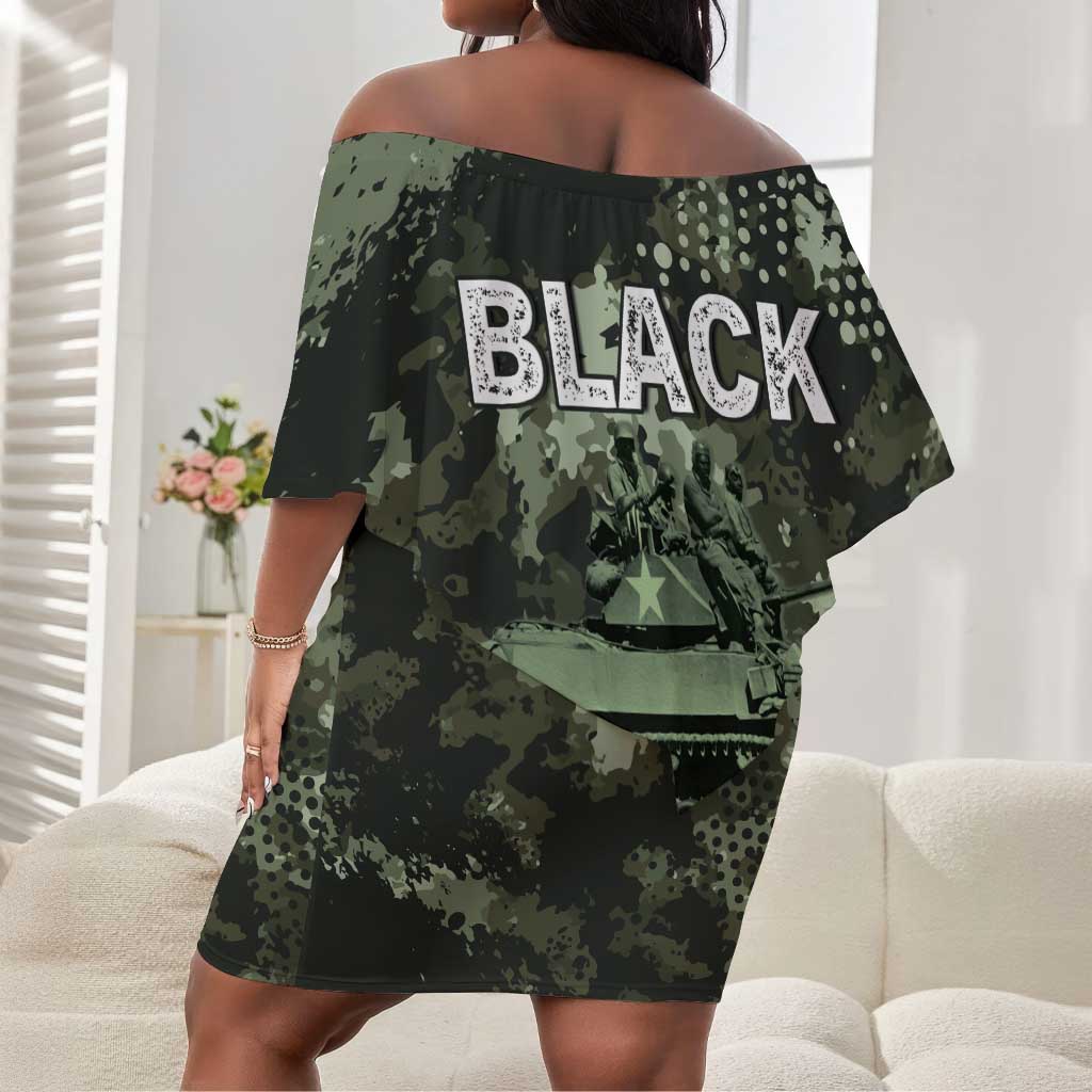 761st Tank Battalion Black Panthers Off Shoulder Short Dress WWII Military Camouflage - African Pride