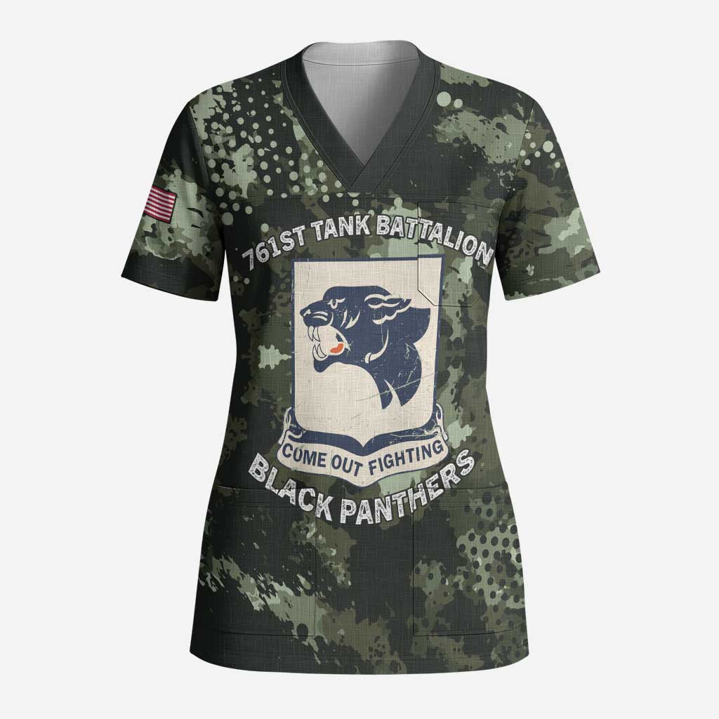 761st Tank Battalion Black Panthers Scrub Top WWII Military Camouflage - African Pride