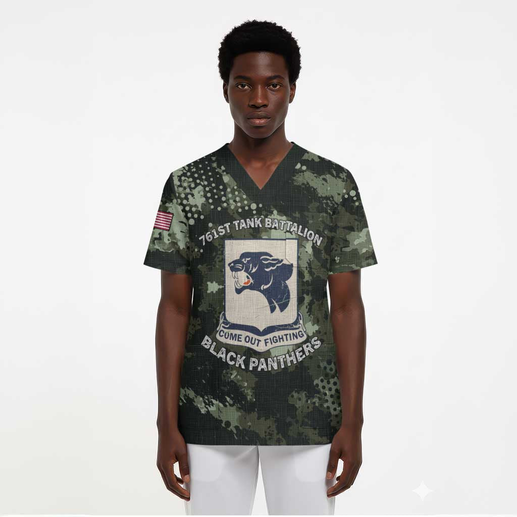 761st Tank Battalion Black Panthers Scrub Top WWII Military Camouflage - African Pride