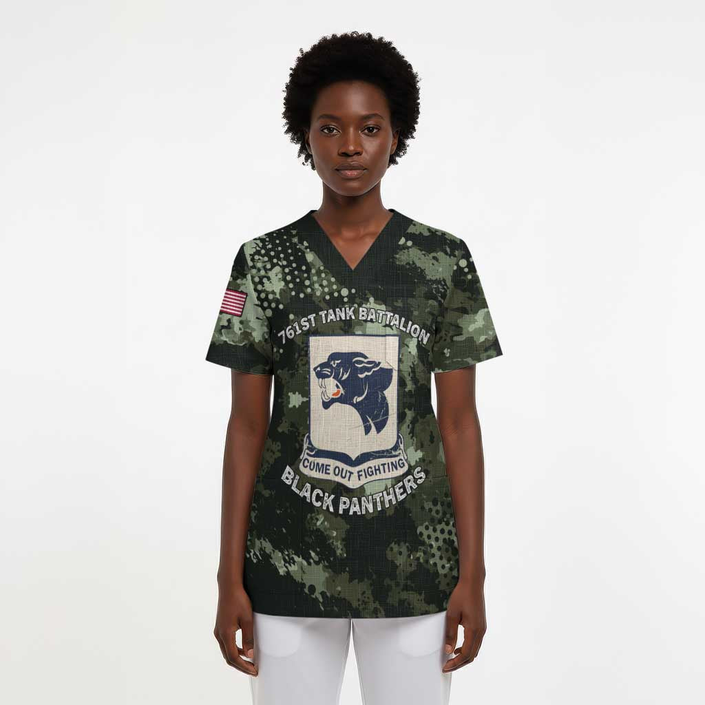 761st Tank Battalion Black Panthers Scrub Top WWII Military Camouflage - African Pride
