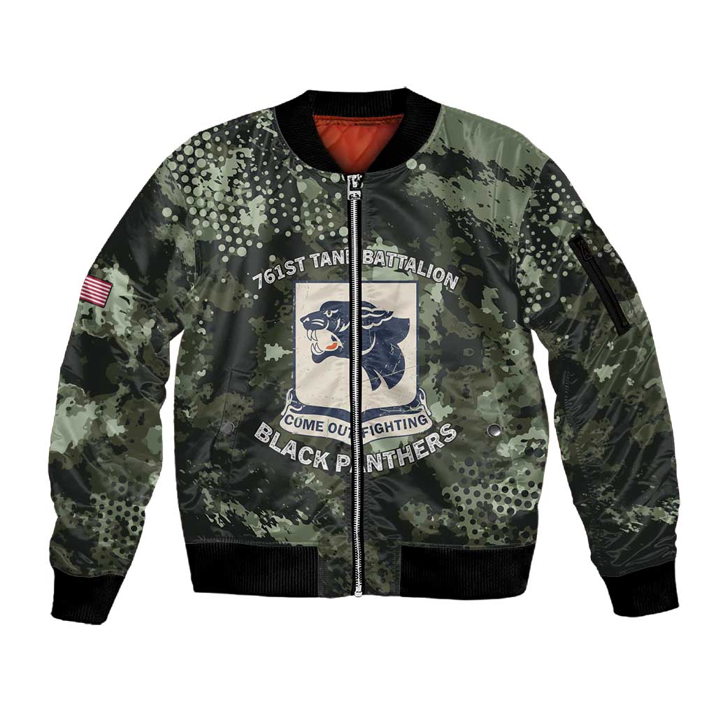 761st Tank Battalion Black Panthers Sleeve Zip Bomber Jacket WWII Military Camouflage - African Pride