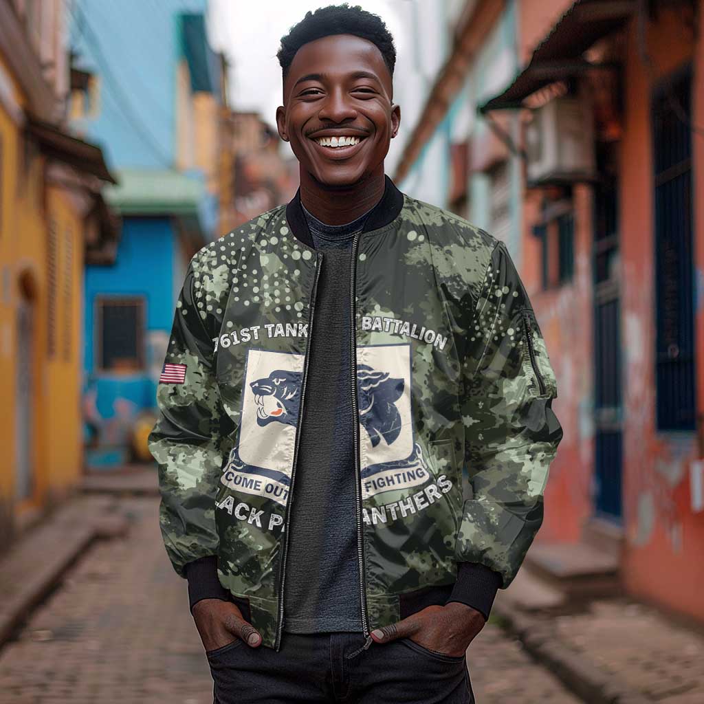 761st Tank Battalion Black Panthers Sleeve Zip Bomber Jacket WWII Military Camouflage - African Pride