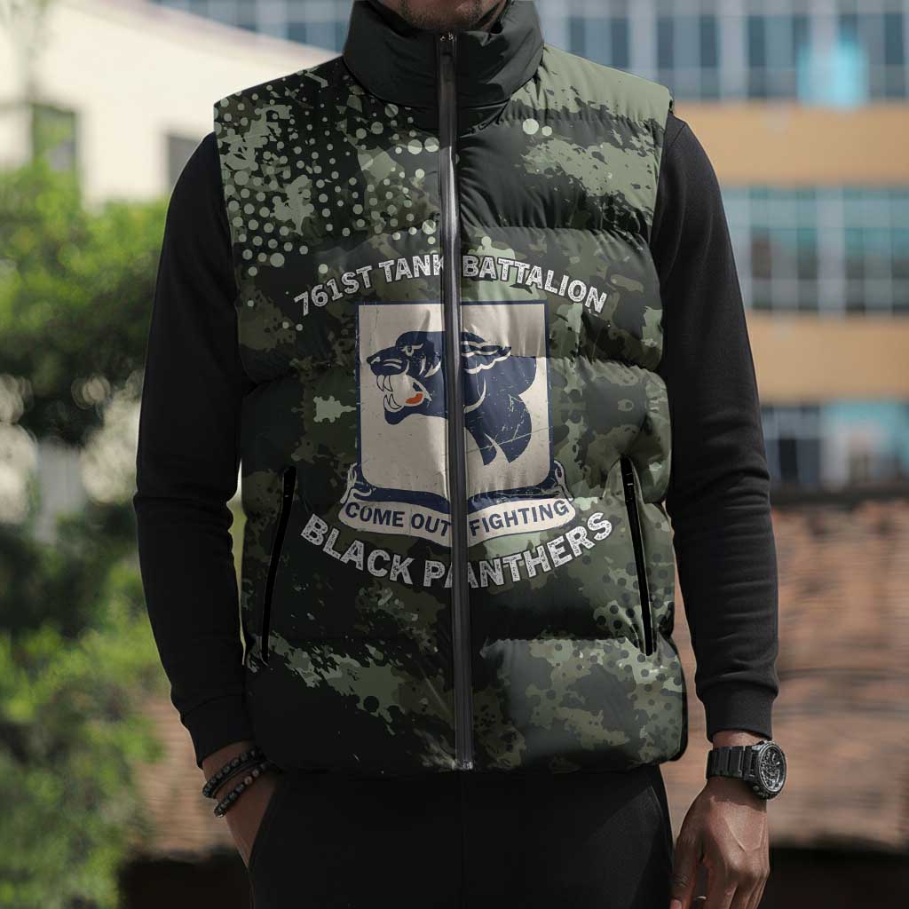 761st Tank Battalion Black Panthers Sleeveless Puffer Jacket WWII Military Camouflage - African Pride
