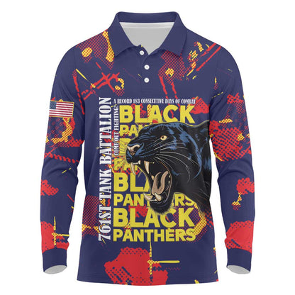 761st Tank Battalion Black Panthers Long Sleeve Polo Shirt Legendary African American WWII - African Pride