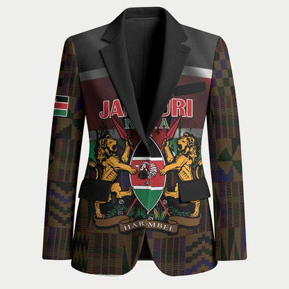 Happy Kenya Independence Day Blazer Coat Of Arms With Kente Pattern