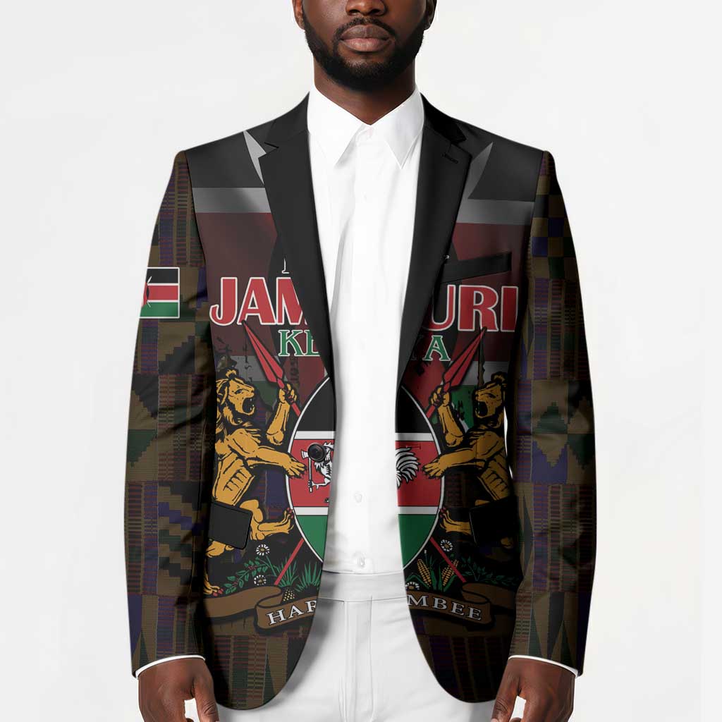 Happy Kenya Independence Day Blazer Coat Of Arms With Kente Pattern