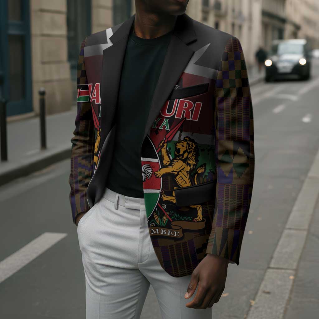 Happy Kenya Independence Day Blazer Coat Of Arms With Kente Pattern