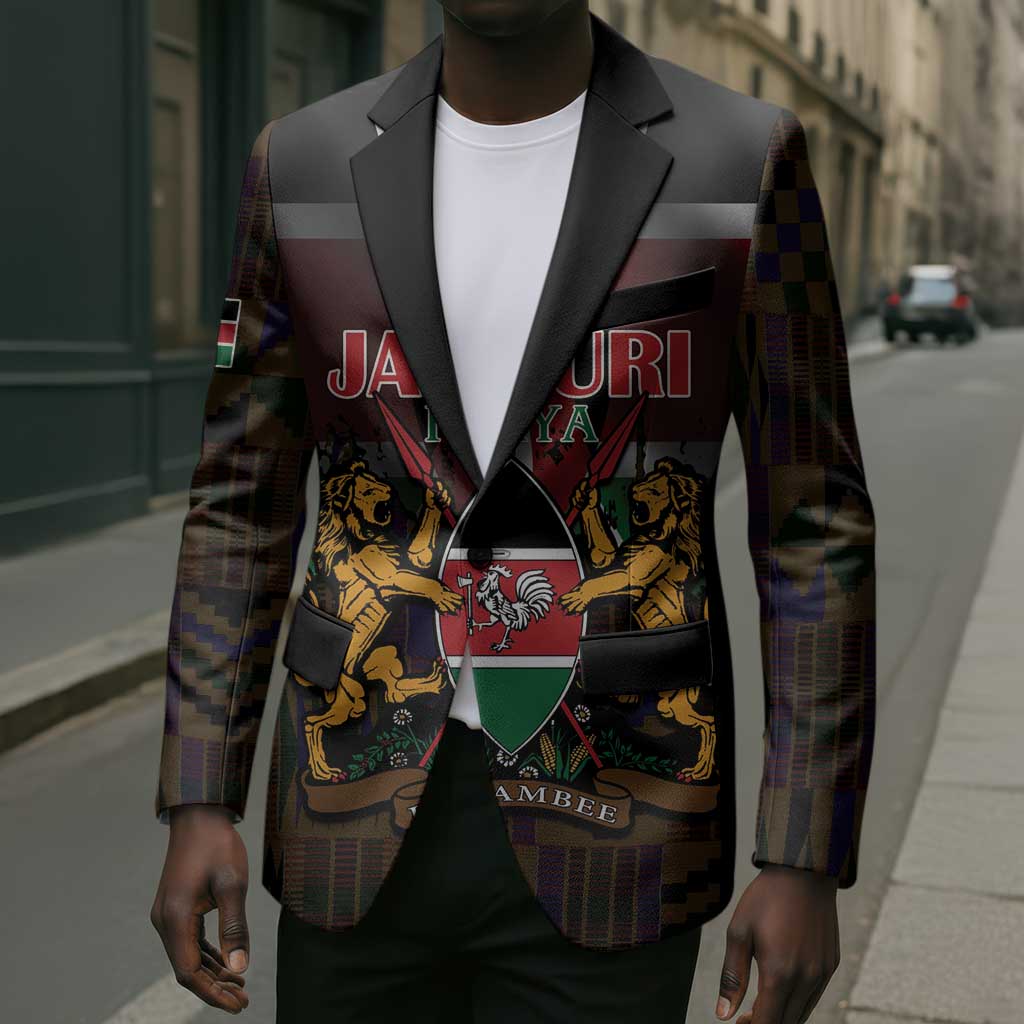 Happy Kenya Independence Day Blazer Coat Of Arms With Kente Pattern