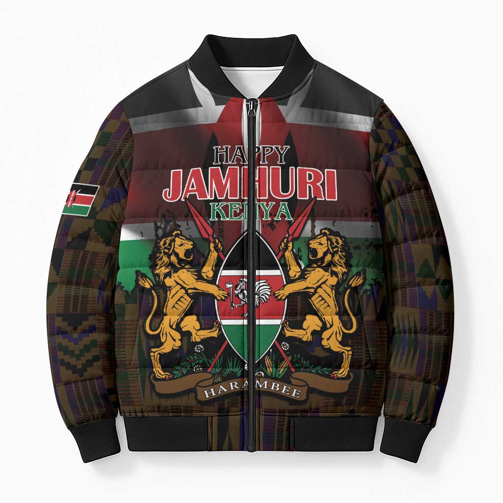 Happy Kenya Independence Day Bomber Puffer Jacket Coat Of Arms With Kente Pattern