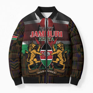Happy Kenya Independence Day Bomber Puffer Jacket Coat Of Arms With Kente Pattern