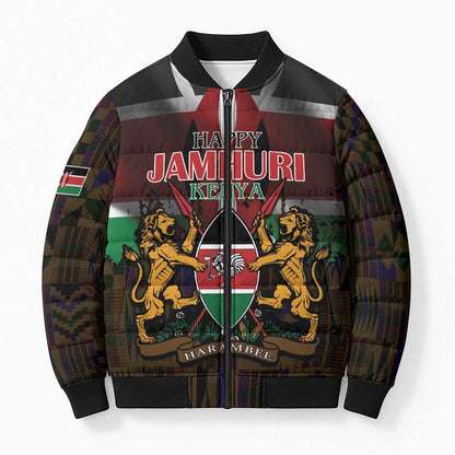 Happy Kenya Independence Day Bomber Puffer Jacket Coat Of Arms With Kente Pattern