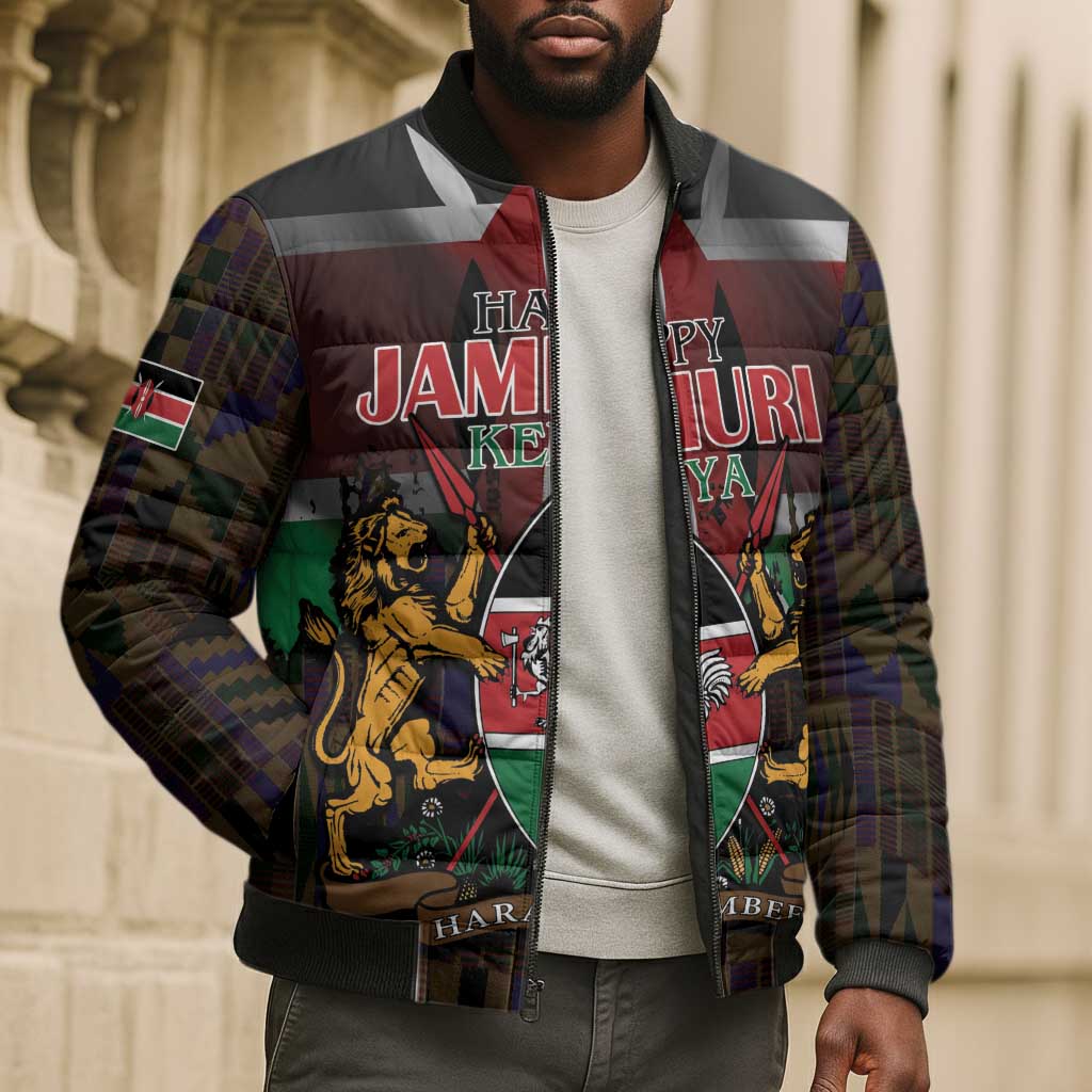 Happy Kenya Independence Day Bomber Puffer Jacket Coat Of Arms With Kente Pattern