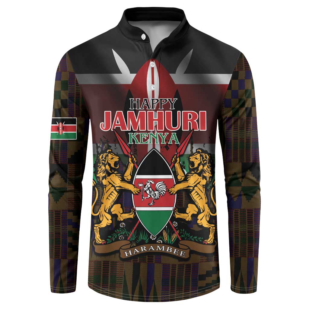 Happy Kenya Independence Day Button Sweatshirt Coat Of Arms With Kente Pattern