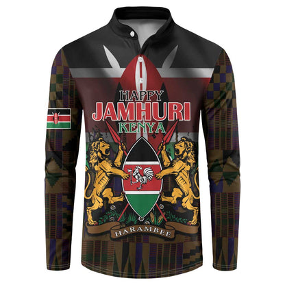 Happy Kenya Independence Day Button Sweatshirt Coat Of Arms With Kente Pattern
