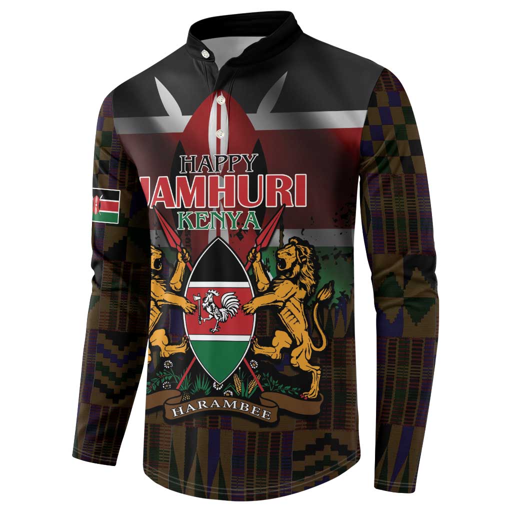 Happy Kenya Independence Day Button Sweatshirt Coat Of Arms With Kente Pattern
