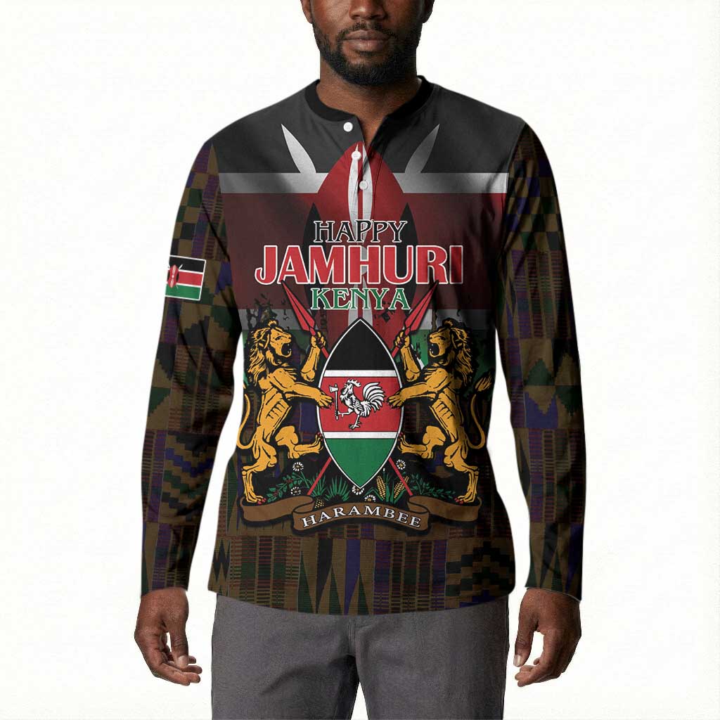 Happy Kenya Independence Day Button Sweatshirt Coat Of Arms With Kente Pattern