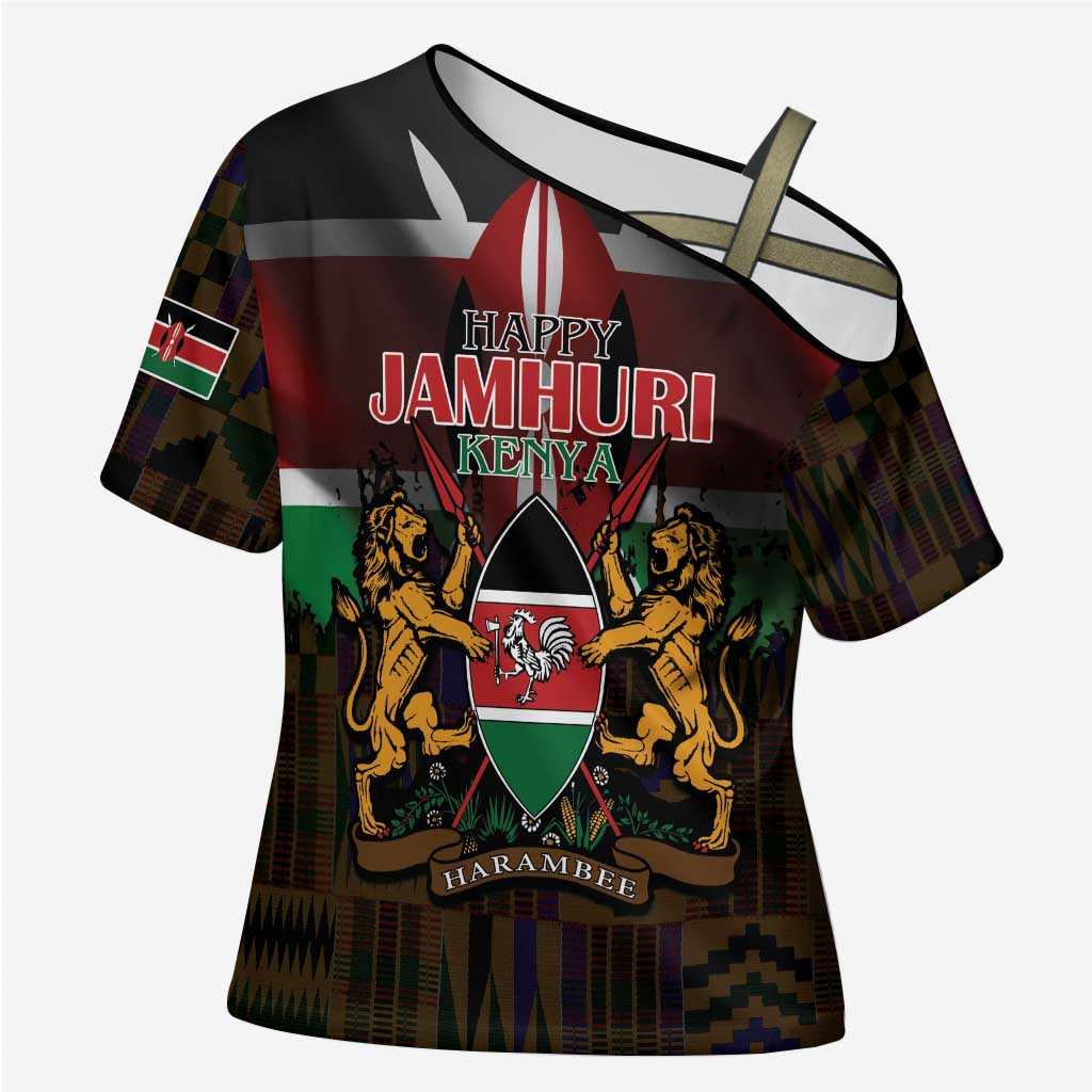 Happy Kenya Independence Day Cross Shoulder Shirt Coat Of Arms With Kente Pattern