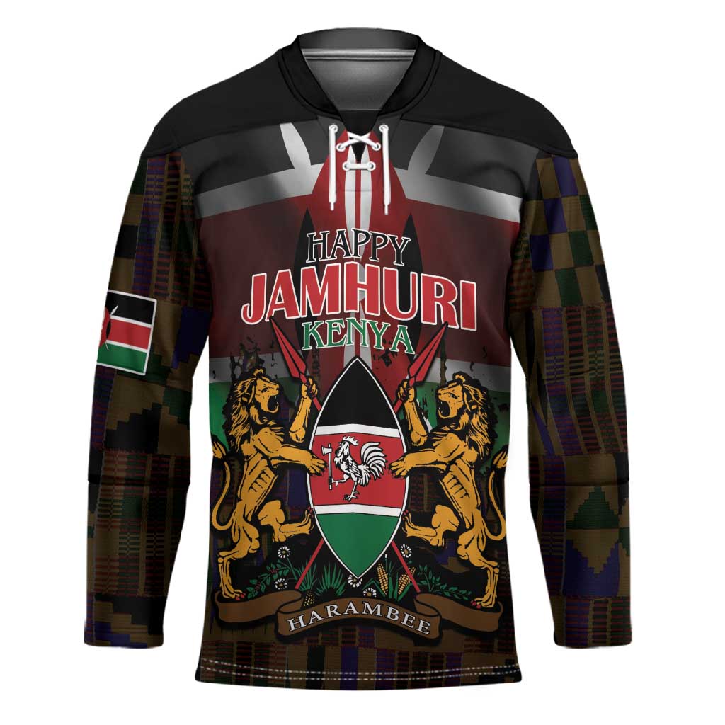 Happy Kenya Independence Day Hockey Jersey Coat Of Arms With Kente Pattern