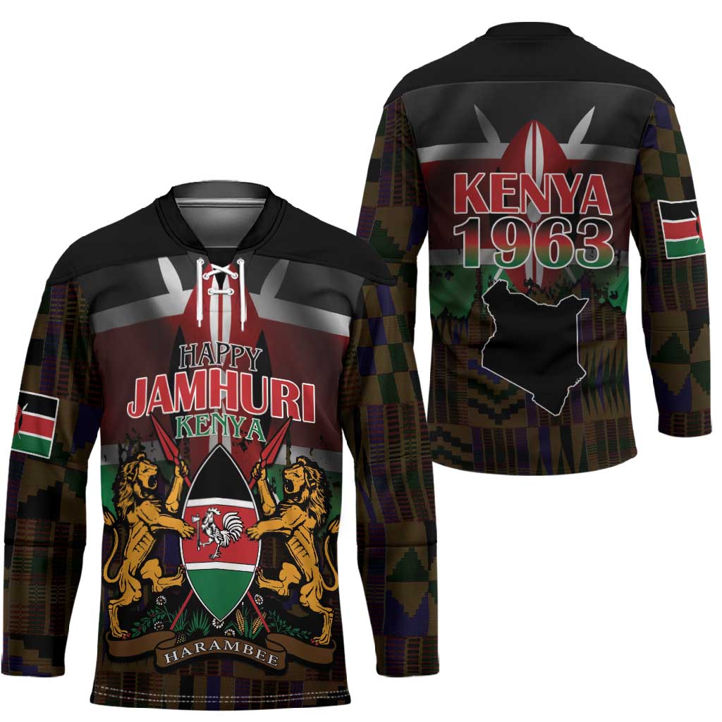 Happy Kenya Independence Day Hockey Jersey Coat Of Arms With Kente Pattern
