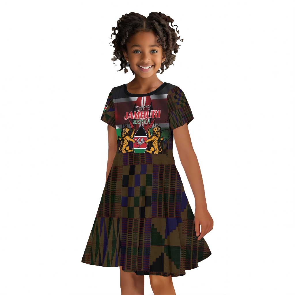 Kenya Jamhuri Day Kid Short Sleeve Dress Coat Of Arms With Kente Pattern - African Pride