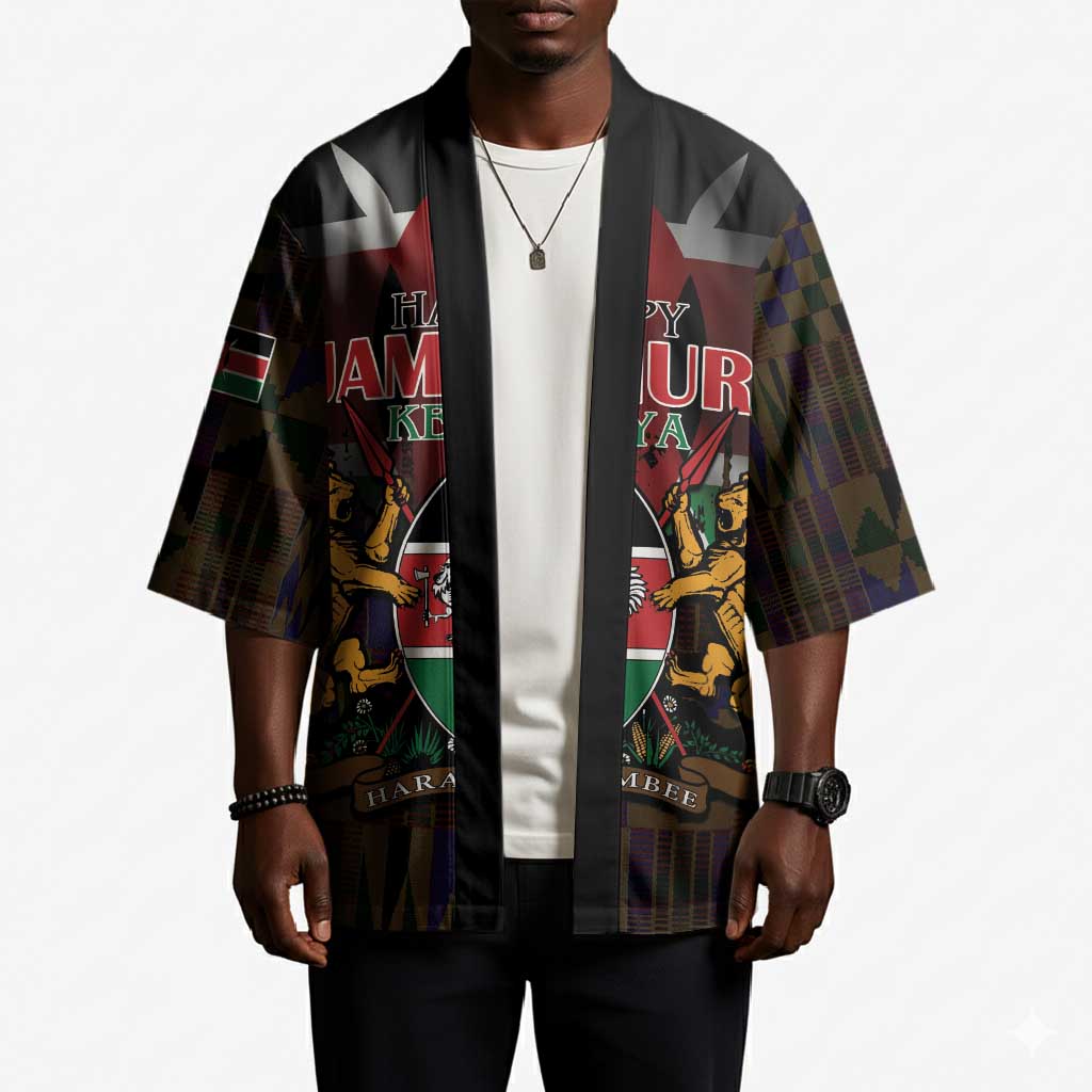 Happy Kenya Independence Day Kimono Coat Of Arms With Kente Pattern