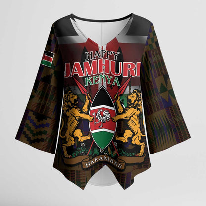 Happy Kenya Independence Day Kimono Sleeve Blouse Coat Of Arms With Kente Pattern