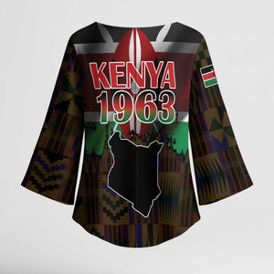 Happy Kenya Independence Day Kimono Sleeve Blouse Coat Of Arms With Kente Pattern