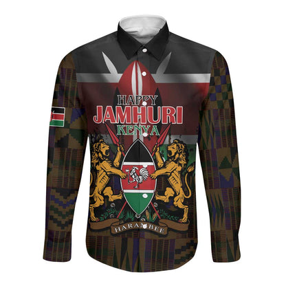 Kenya Jamhuri Day Long Sleeve Button Shirt Coat Of Arms With Kente Pattern - African Pride