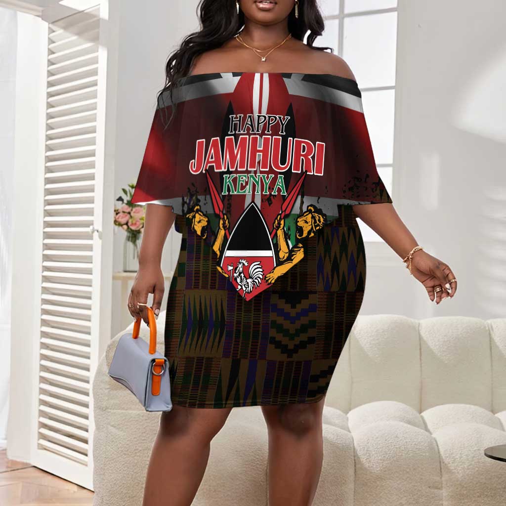 Kenya Jamhuri Day Off Shoulder Short Dress Coat Of Arms With Kente Pattern - African Pride