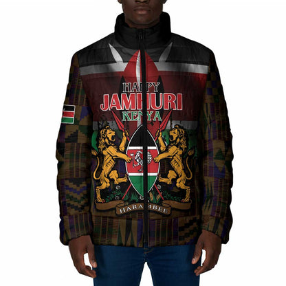Happy Kenya Independence Day Padded Jacket Coat Of Arms With Kente Pattern