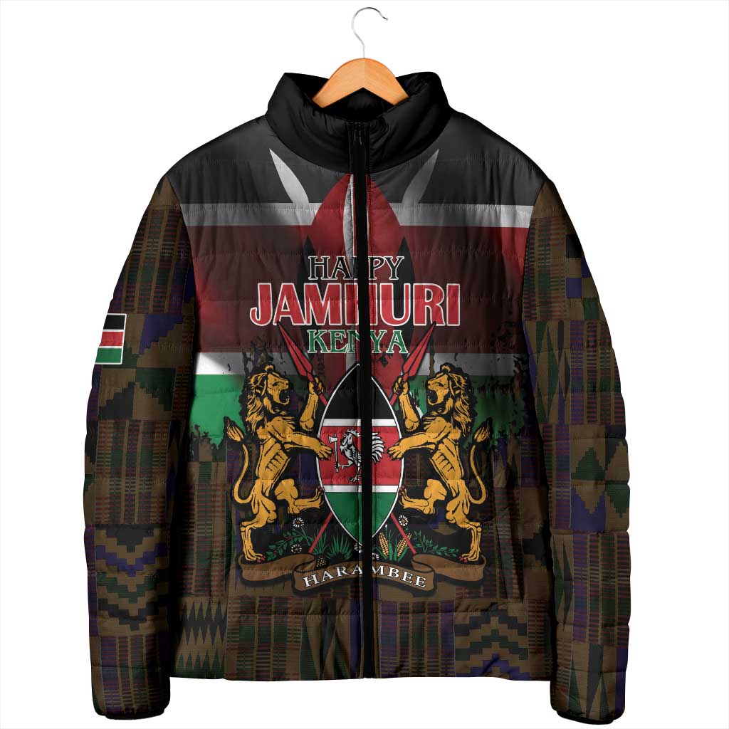 Happy Kenya Independence Day Padded Jacket Coat Of Arms With Kente Pattern